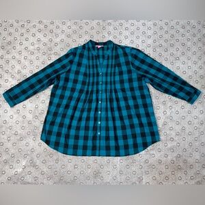 Woman Within Plus 2X (26/28) Green Black Plaid Pintuck Button Up Tunic Shirt